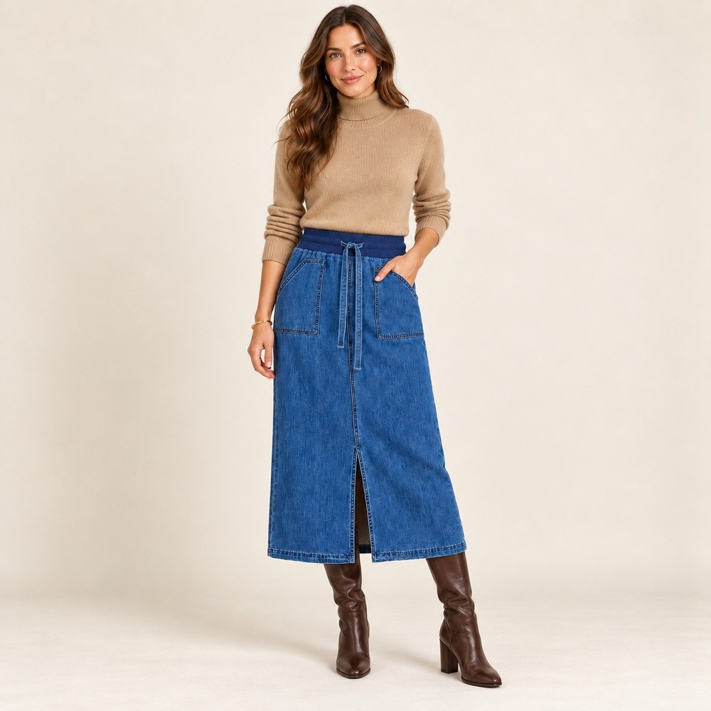 Denim Midi Skirt Womens M Utility Elastic Waist Drawstring Pockets NWT Luvamia